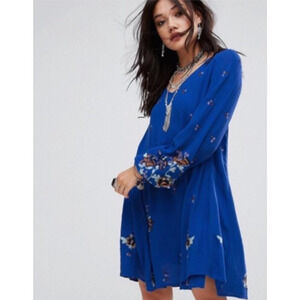 Free People L Dress Oxford Embroidered Cobalt Blue Boho Swing Long Sleeve